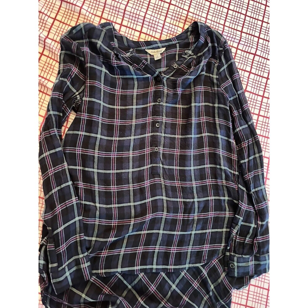 Womens Lucky Brand Plaid Flannel Ruffled Shirt 1/2 Button Front Blue-Green Sz S
